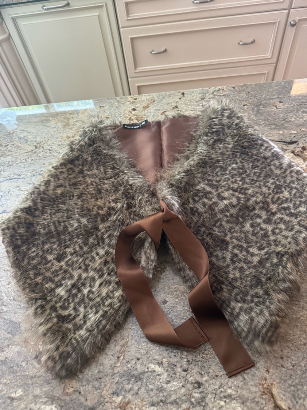 Daniele Meucci Faux Fur Leopard Print Capelet with Brown Satin Tie